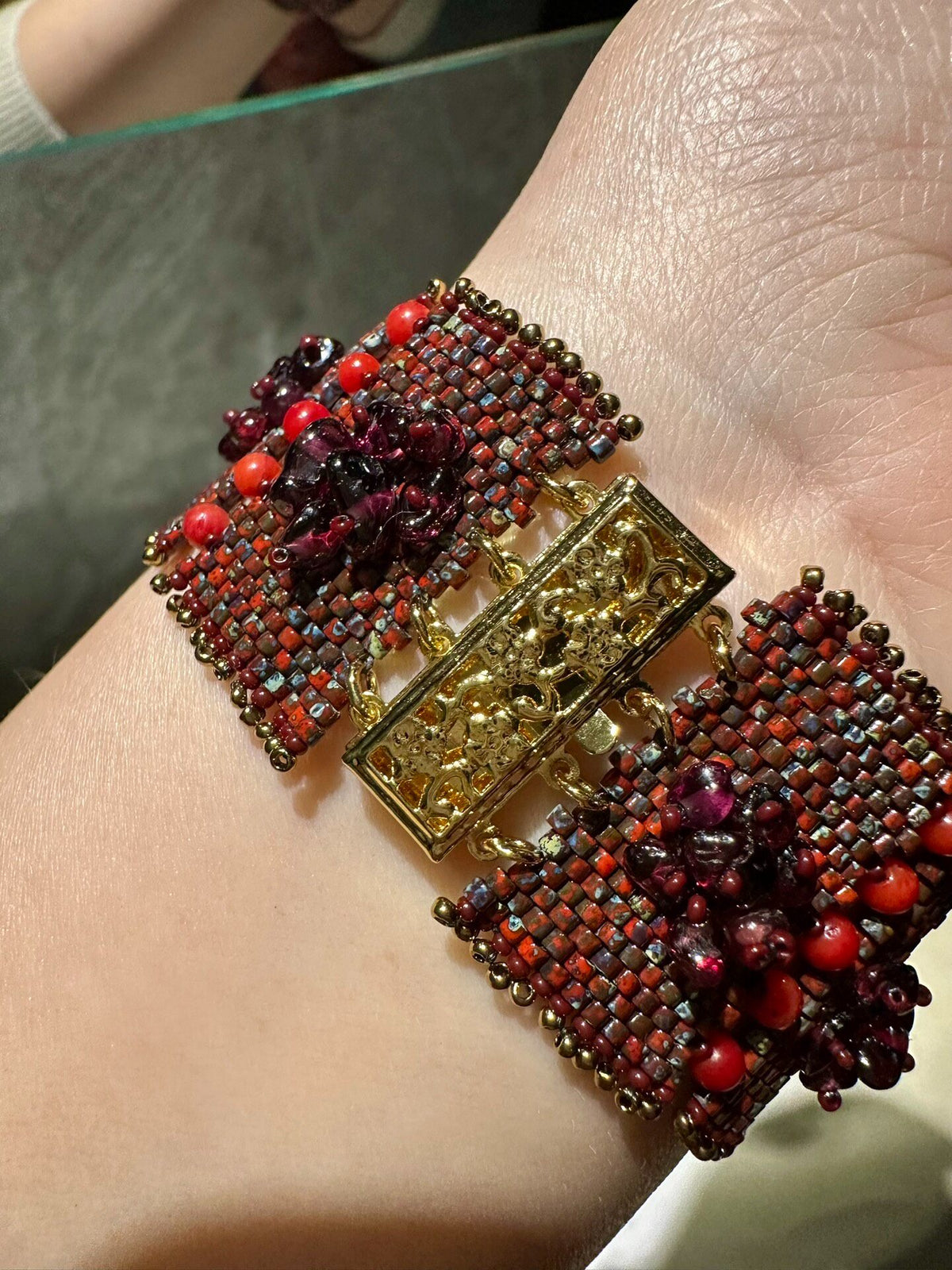 Handcrafted Garnet Seed Bead Bracelet