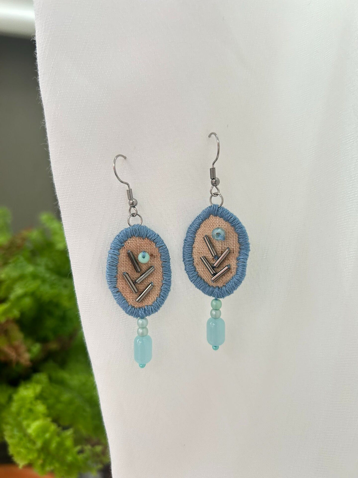 Handmade Fabric Earrings with Blue Beads