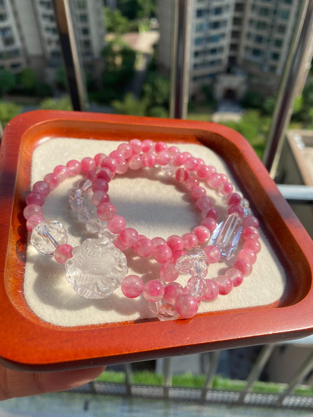 Rhodonite Quartz Triple Strand Beaded Bracelet