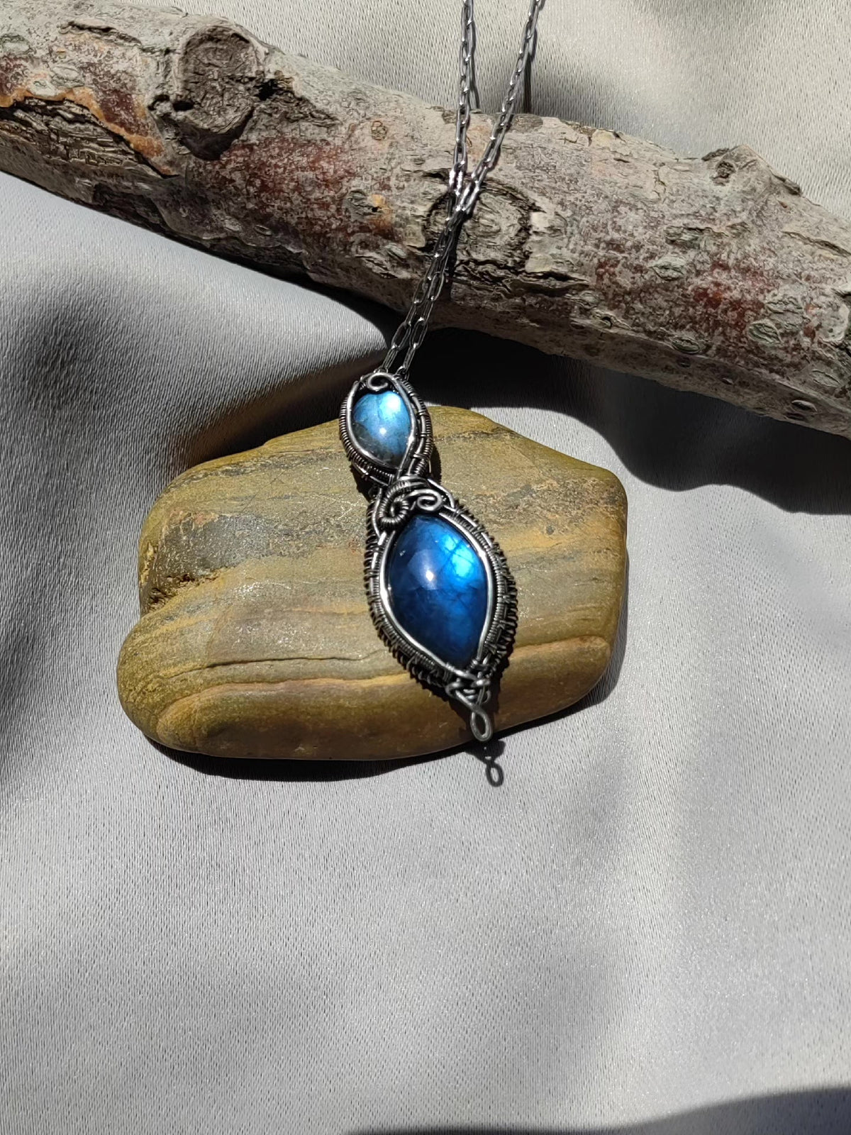 Labradorite Pendant Necklace Wire Wrapped Blue