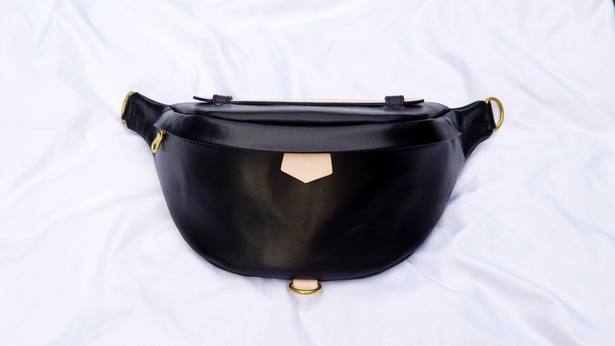 Handcrafted Black Leather Waist Chest Crossbody Bag
