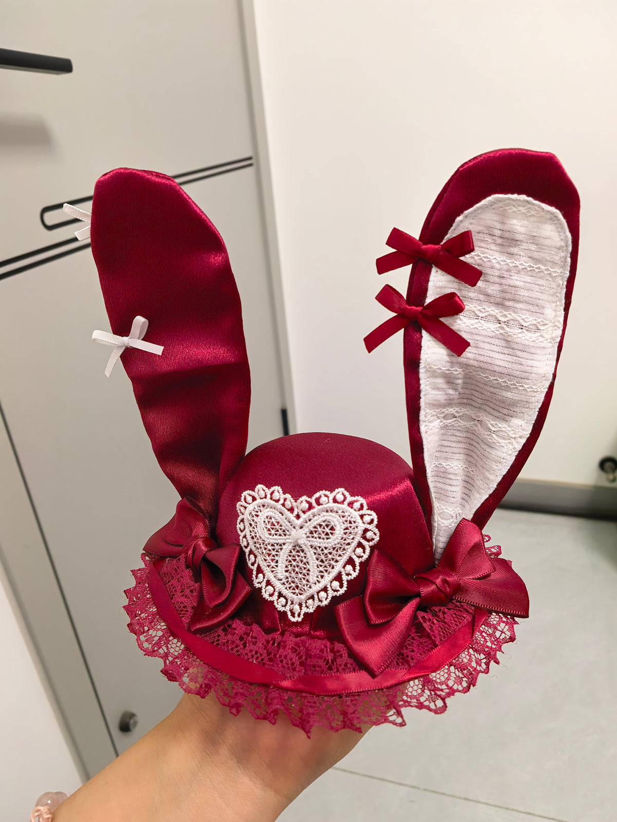 Wine Red Satin Rabbit Ear Fascinator Hat