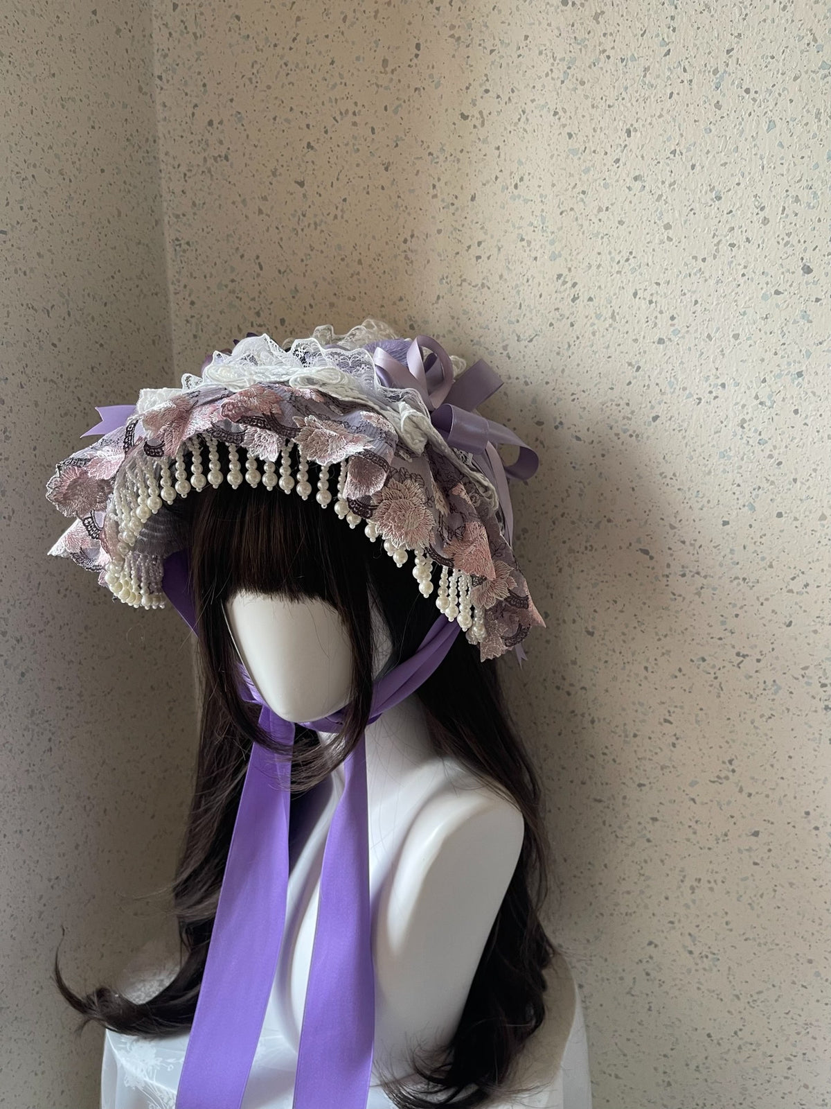 Lolita Lace Bonnet with Pearl Trim