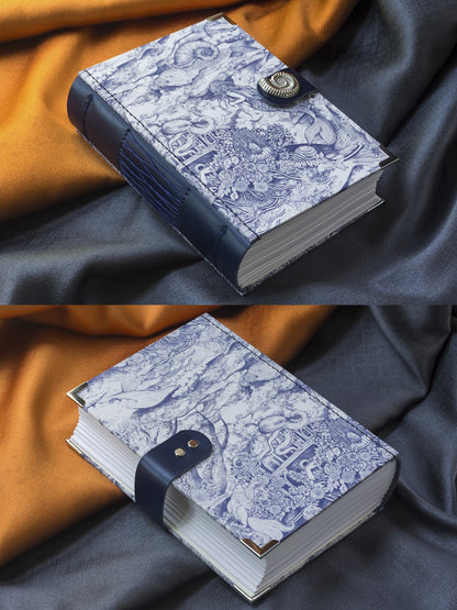Handmade Blue and White Sea Pattern Fabric Journal, Nautilus Clasp