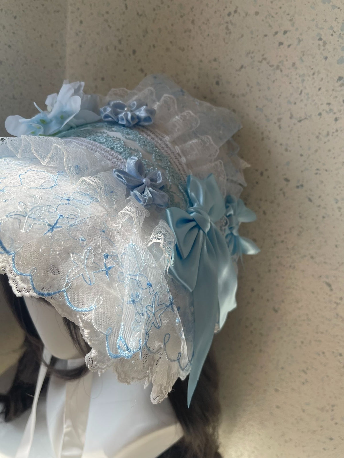 Lolita Blue Flat Bonnet with Lace