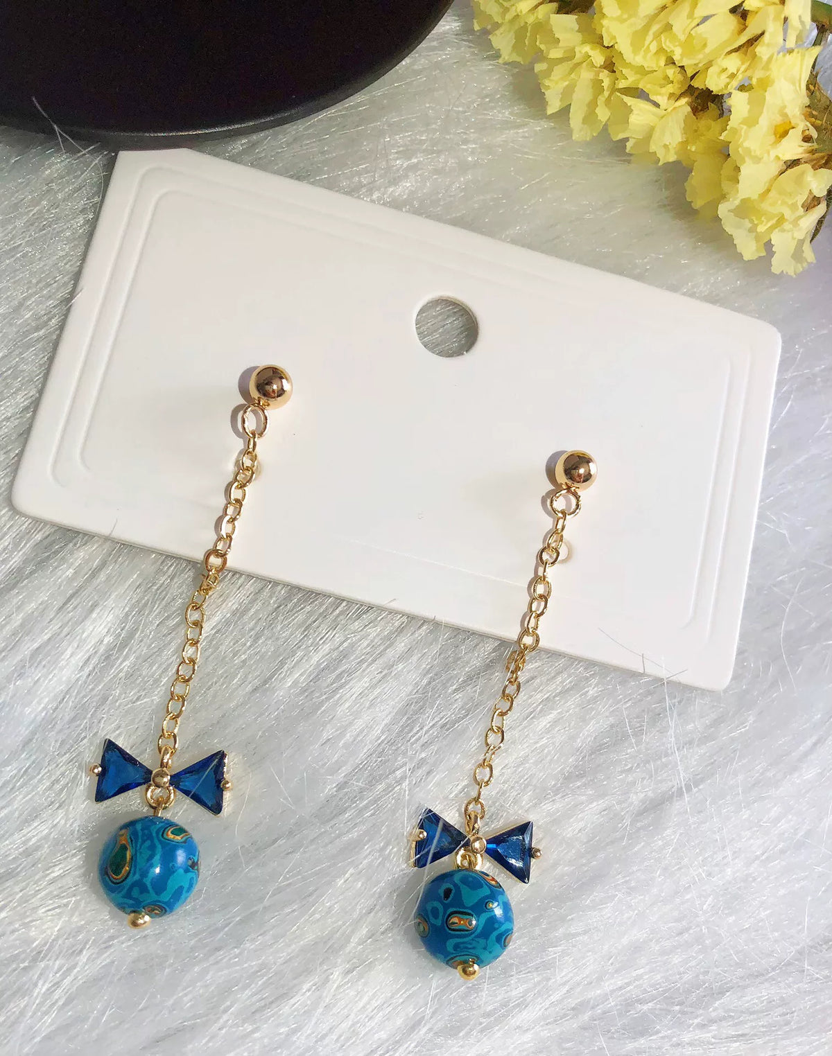 Brincos de Pendente com Laço e Turquesa em Ouro de 14K