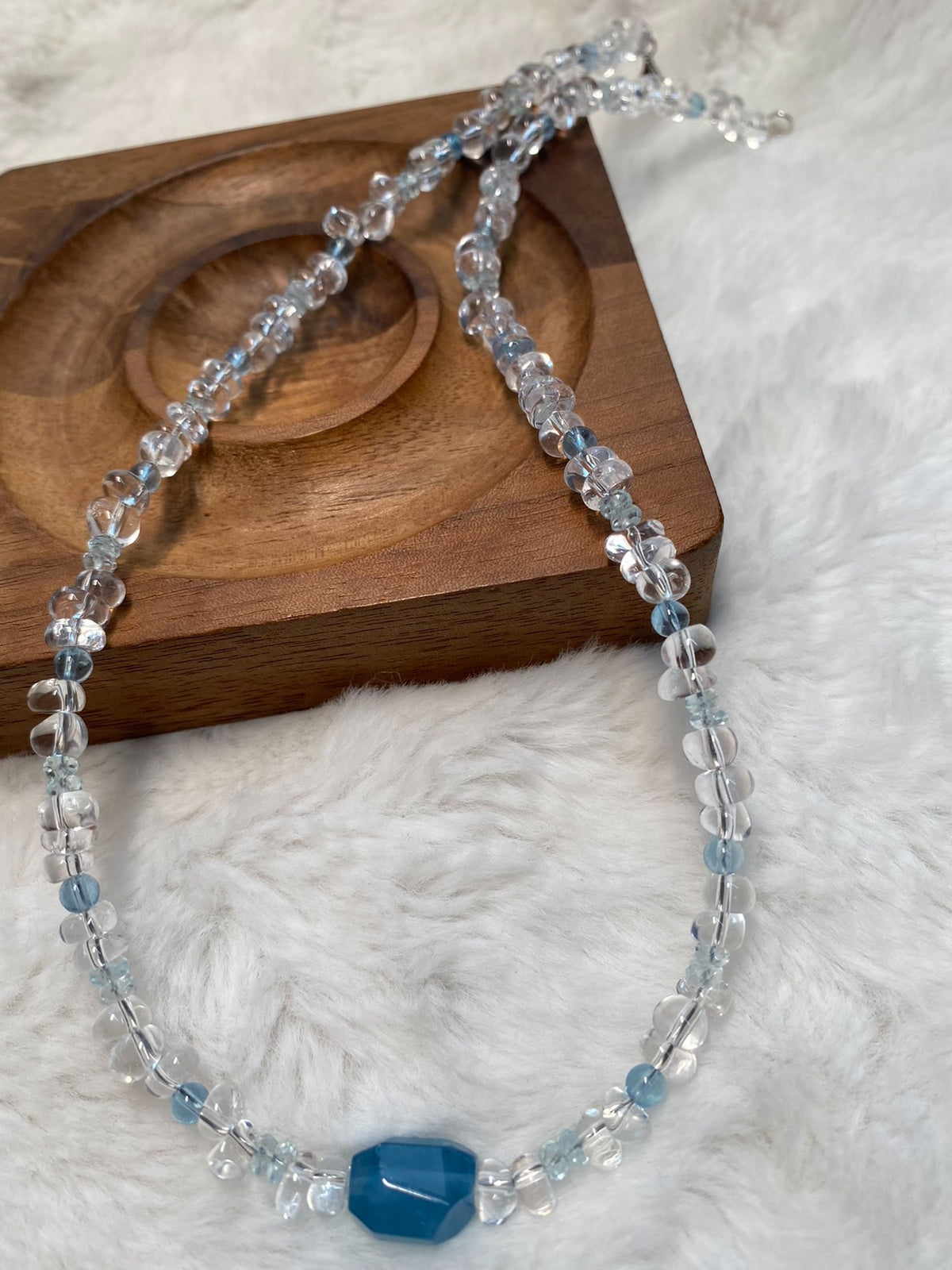 White Crystal Aquamarine Necklace Silver Clasp
