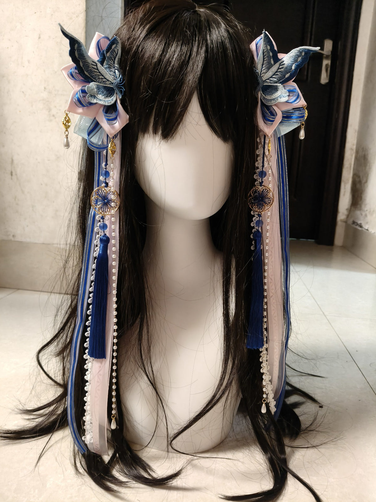 Butterfly Embroidered Side Hair Clips Blue White