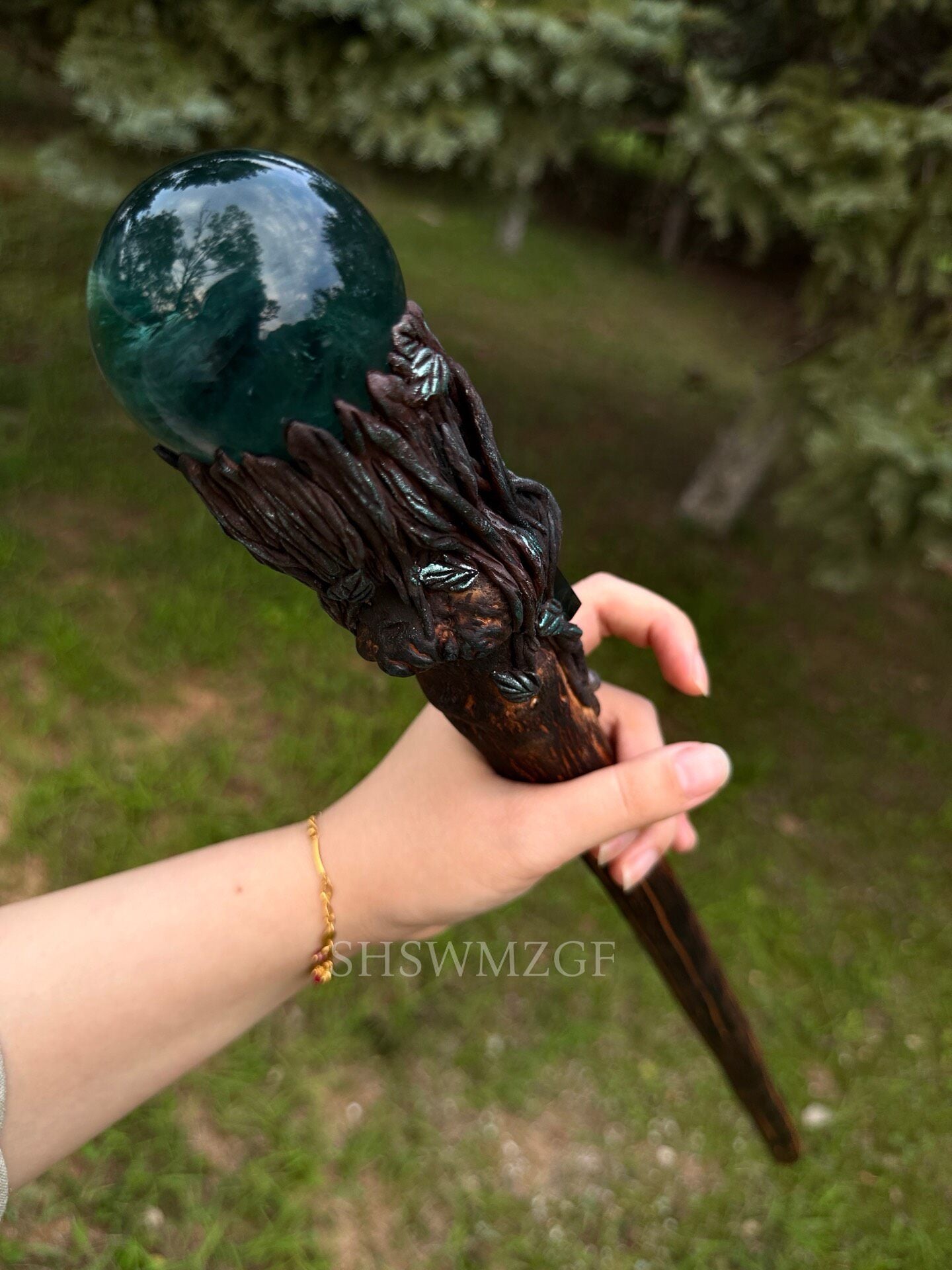 Blue-Green Fluorite Sphere Scepter with Wood Handle, 65cm