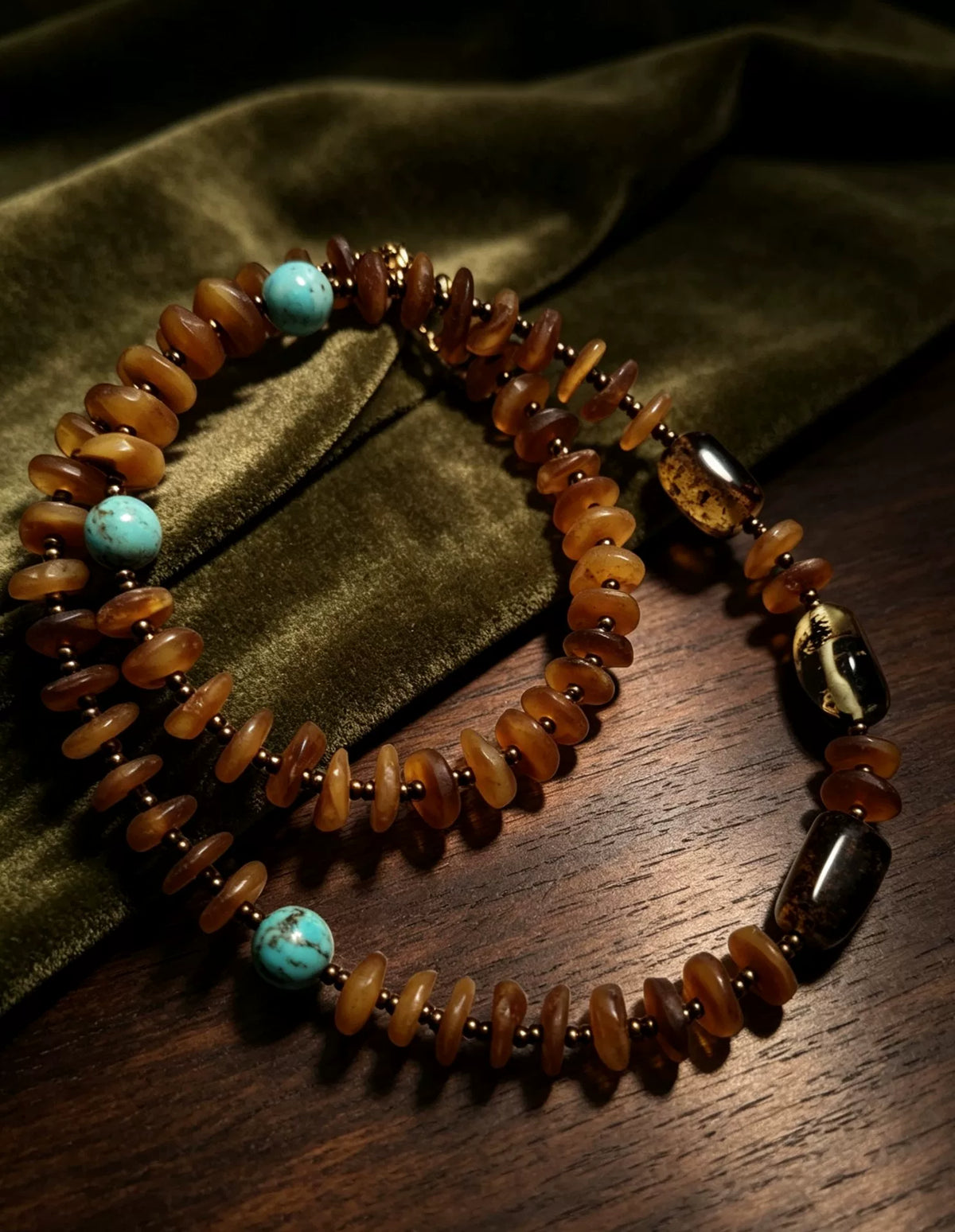 Collier de perles ambre et turquoise 45 cm