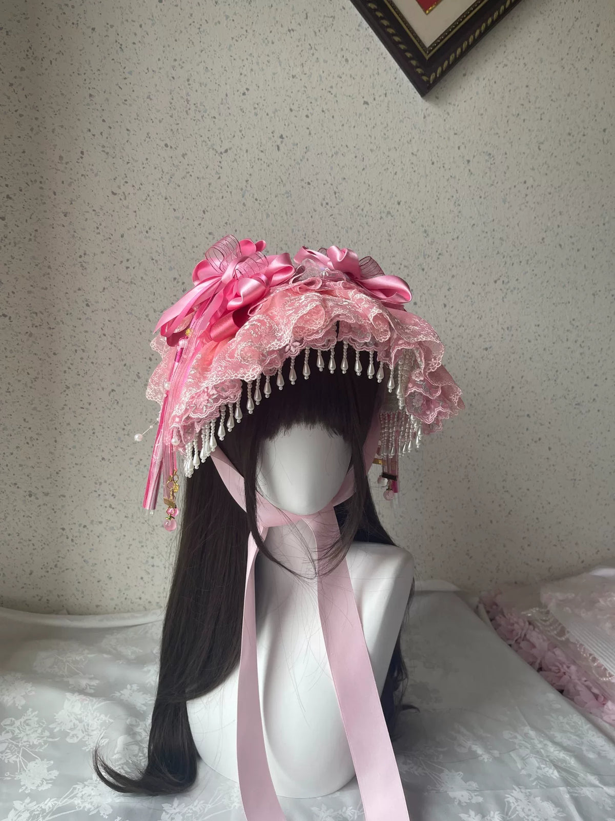 Sombrero Plano Lolita de Encaje Rosa con Lazos de Satén