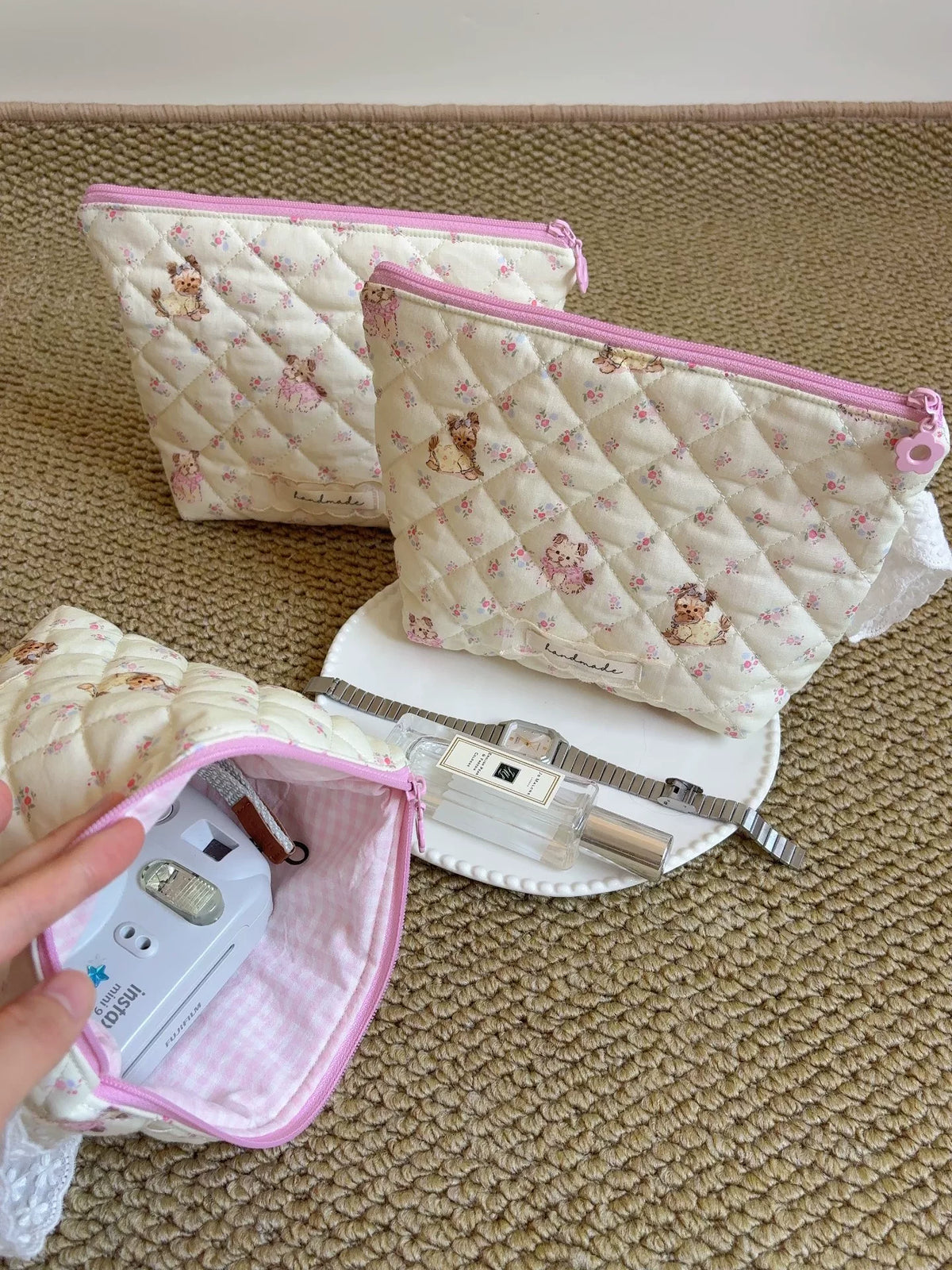 Quilted Yorkie Wash Bag with Lace Handle