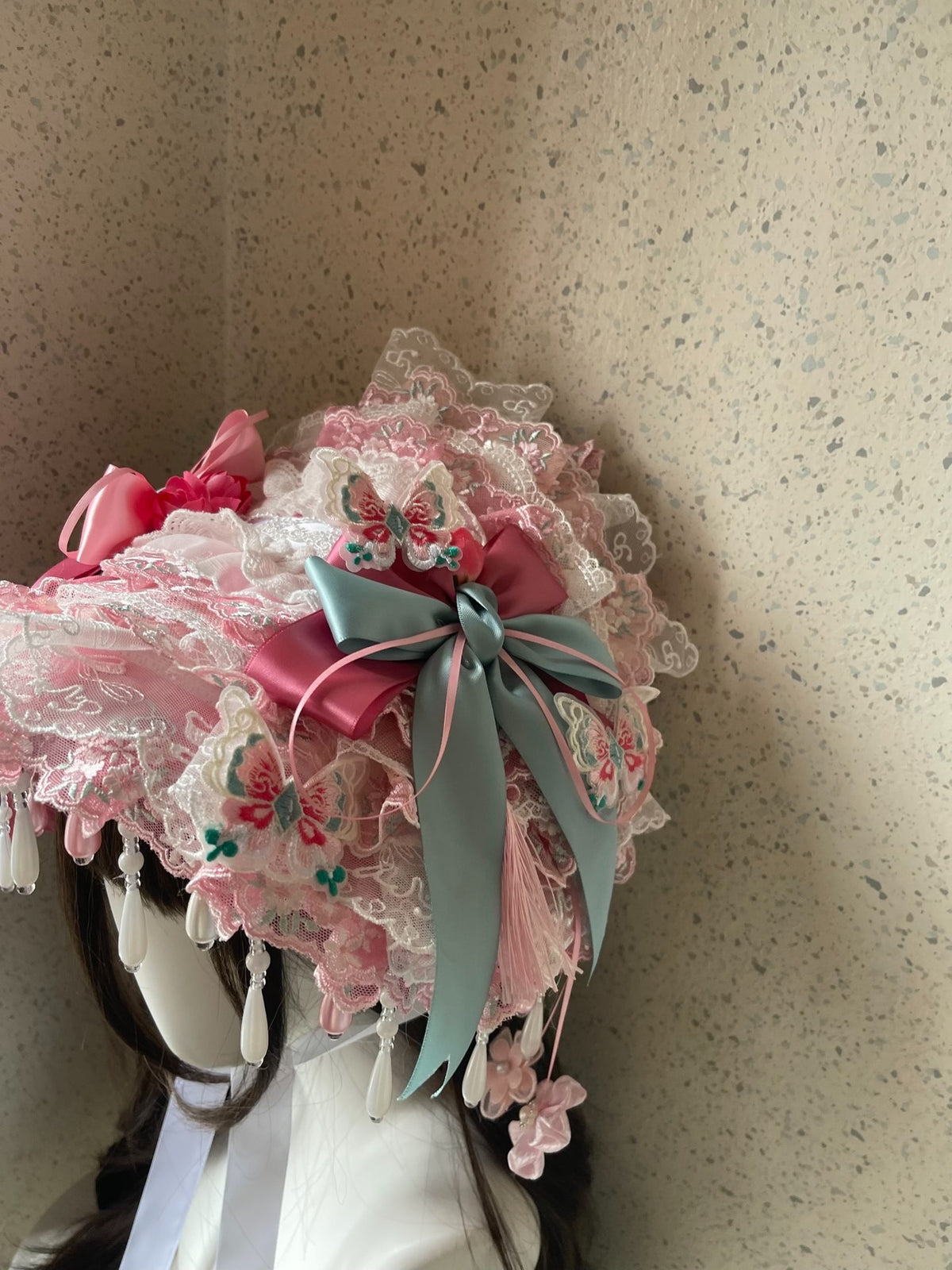 Lolita Pink Green Lace Bonnet Handmade