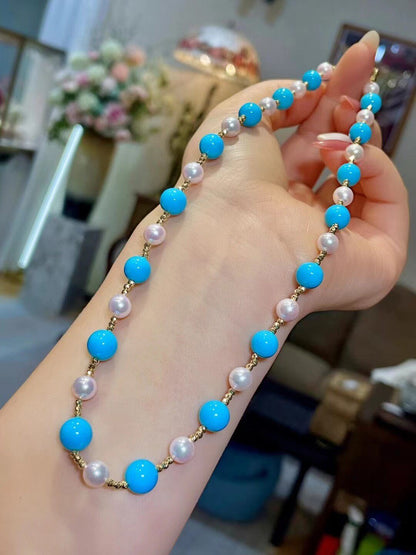 Blue Turquoise and Akoya Pearl Necklace with Gold-Toned Spacers