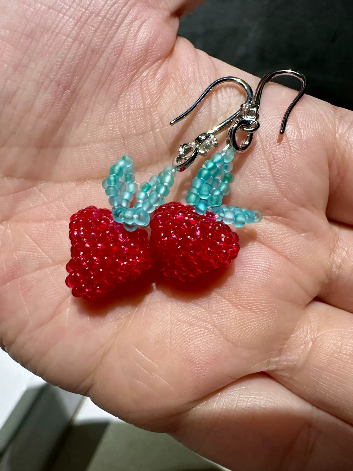 Handmade Strawberry Bead Earrings Asymmetrical Design