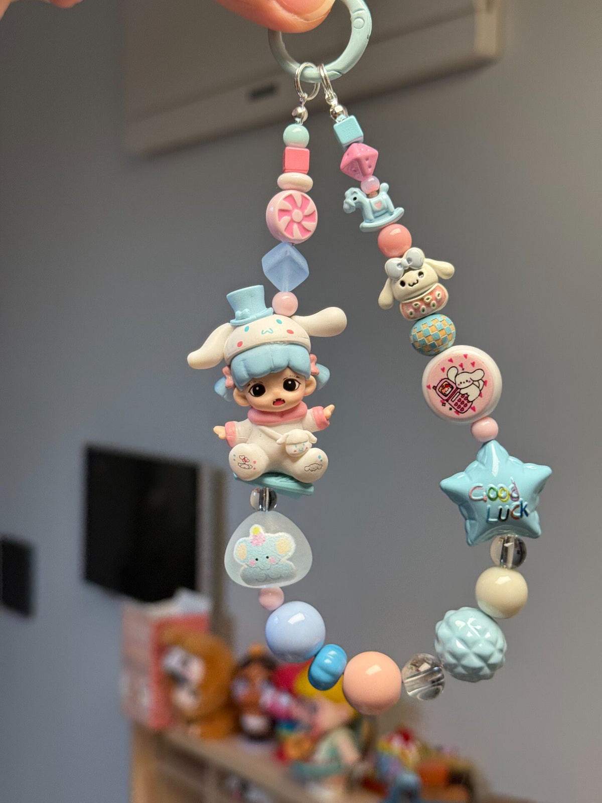 Pastel Beaded Phone Strap with Doll Charm