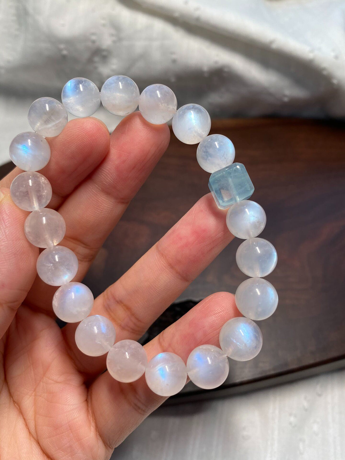 Blue Moonstone Bracelet with Aquamarine Cube