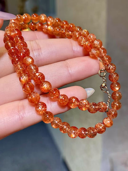 18k Gold Clasp Orange Bead Necklace with Golden Needle Inclusions 5.5-6mm