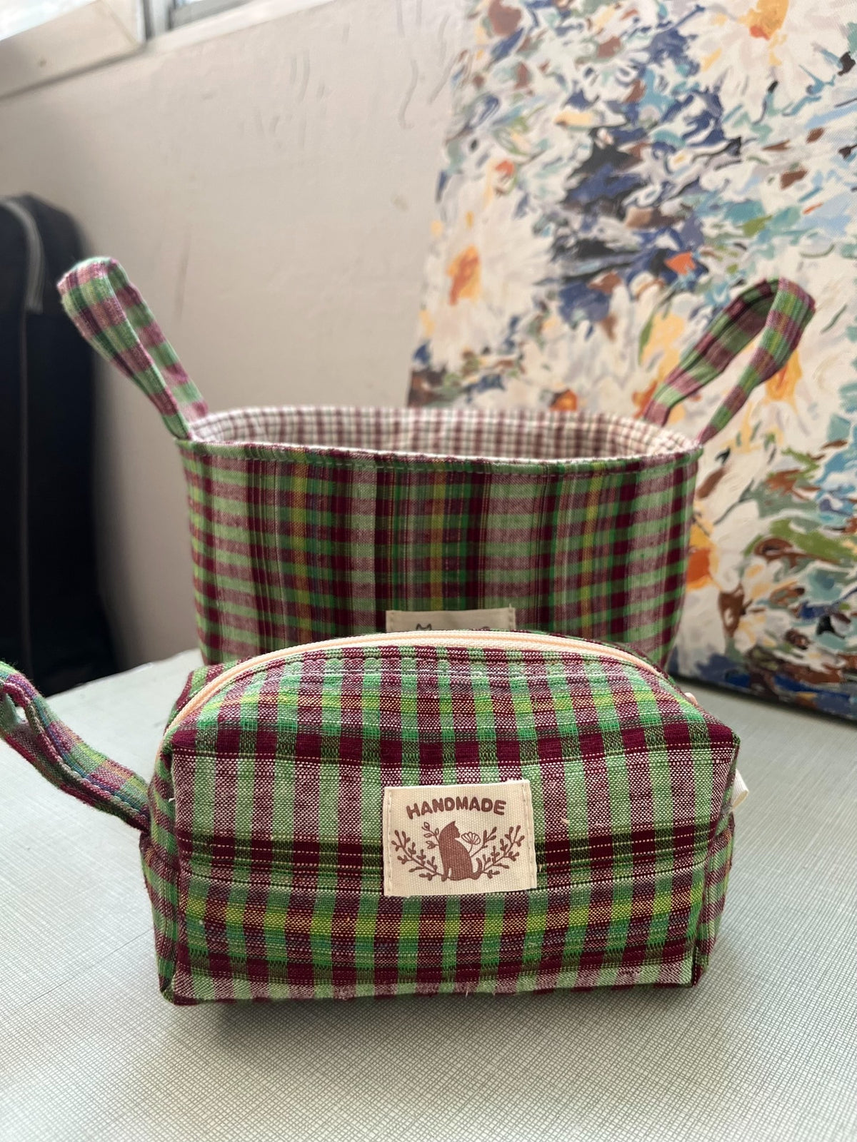 Handmade Plaid Fabric Storage Basket with Handles