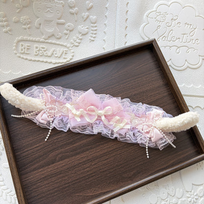 Lolita Plush Ear Headband with Lace and Satin Bow