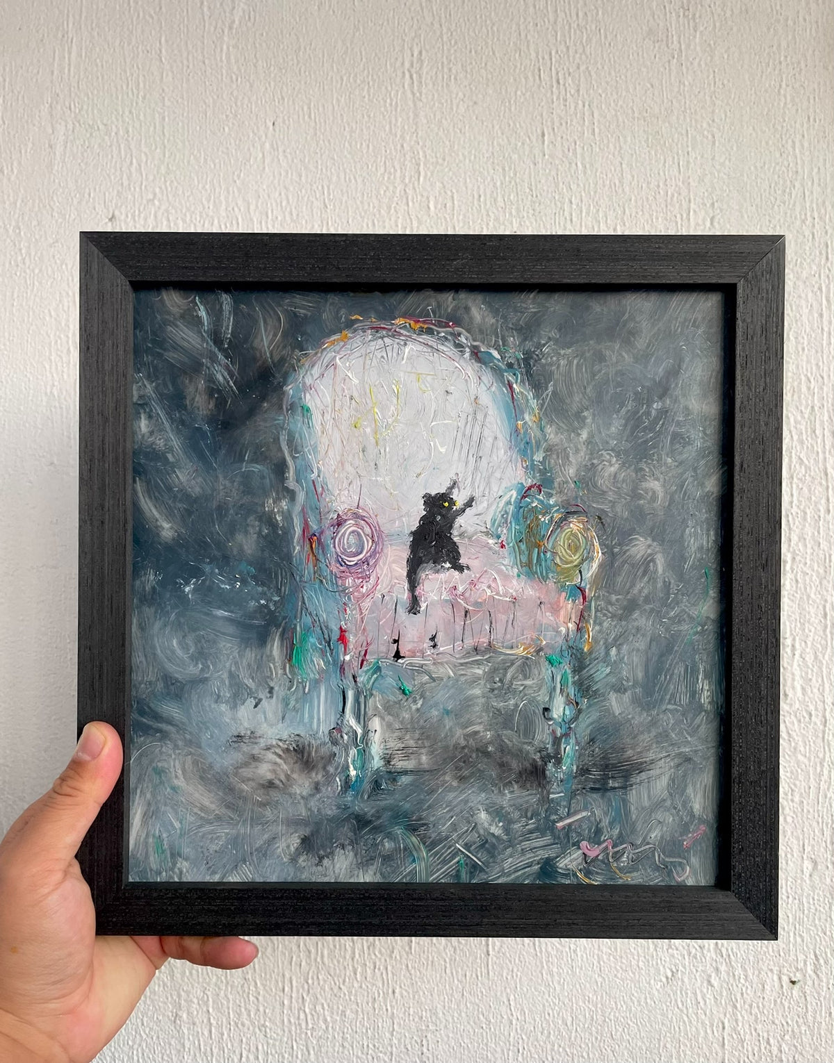 Handgemaltes abstraktes Katzen-Ölgemälde 25 cm