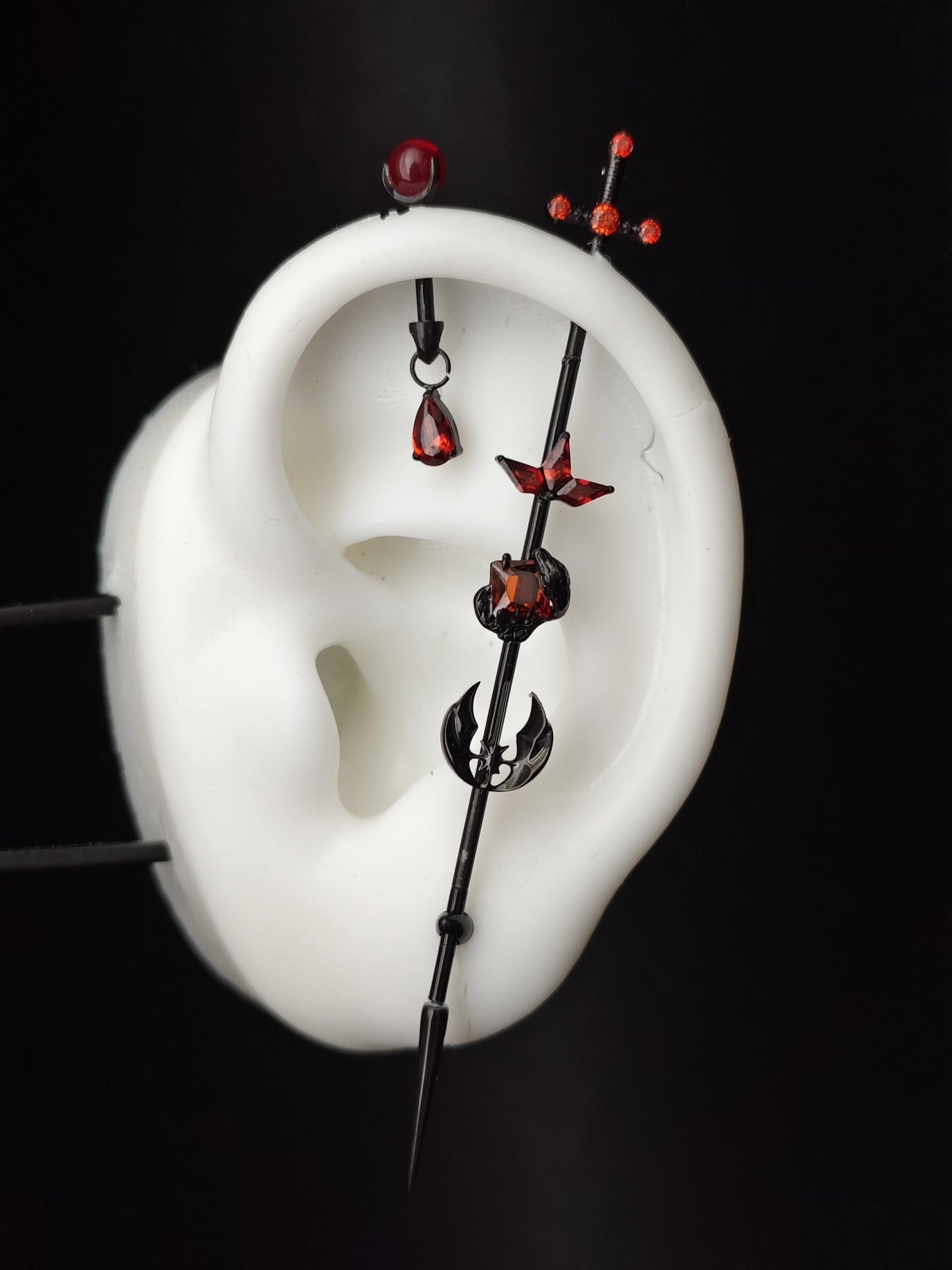 Titanium Alloy Ear Bridge and Earring Set with Cross, Red Zircon, and Spike