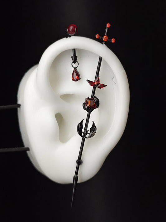 Titanium Alloy Ear Bridge and Earring Set with Cross, Red Zircon, and Spike