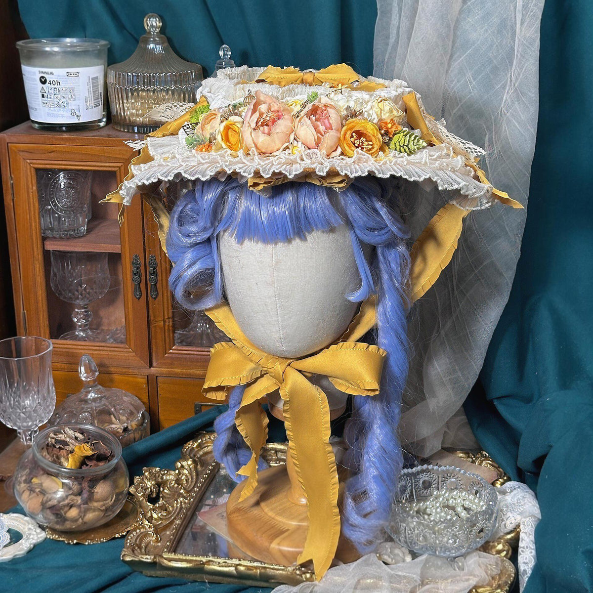 Lolita Straw Flat Hat with Lace Trim