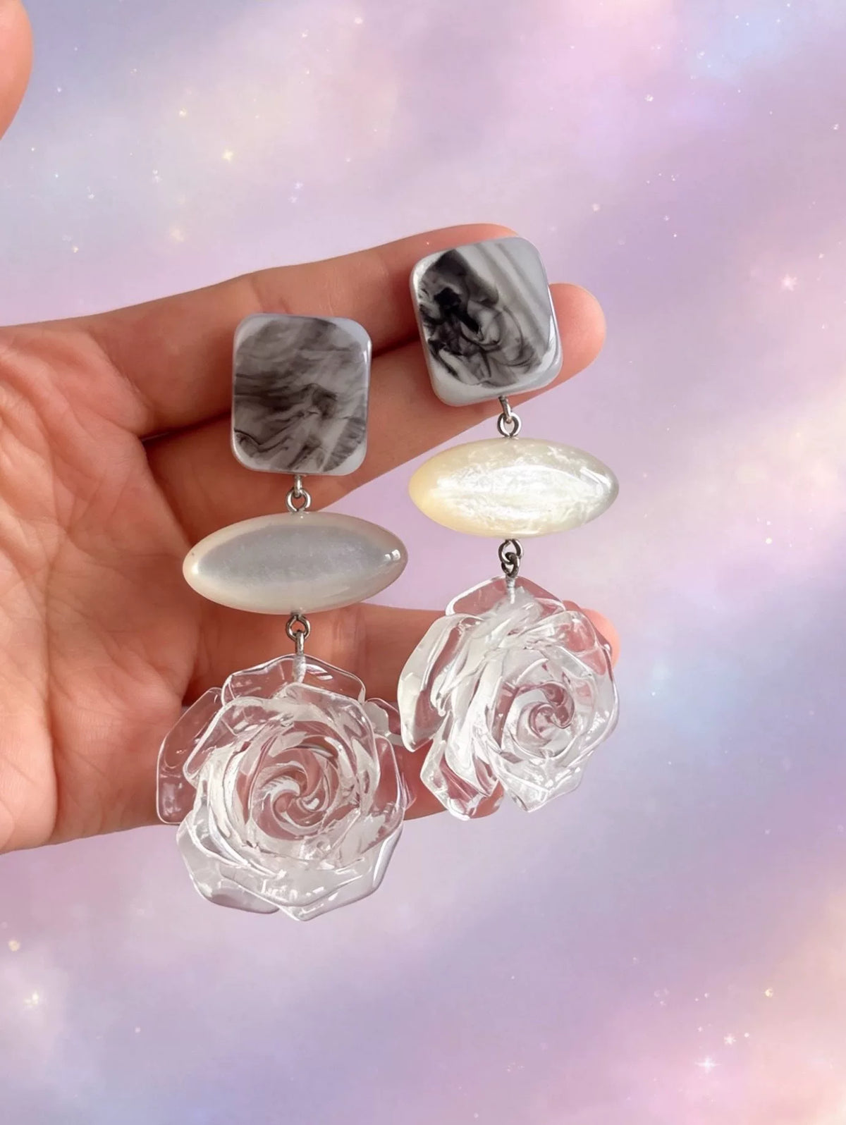 Resin Rose Square Oval Drop Earrings