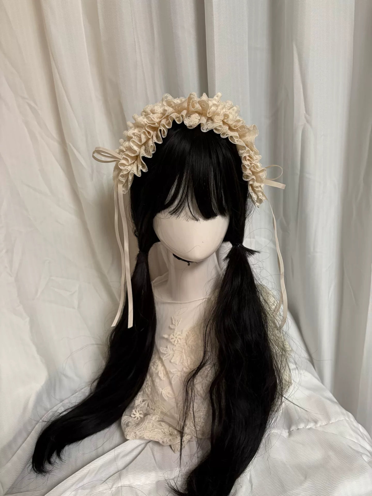 Cream Ruffled Lace Headband with Satin Bows