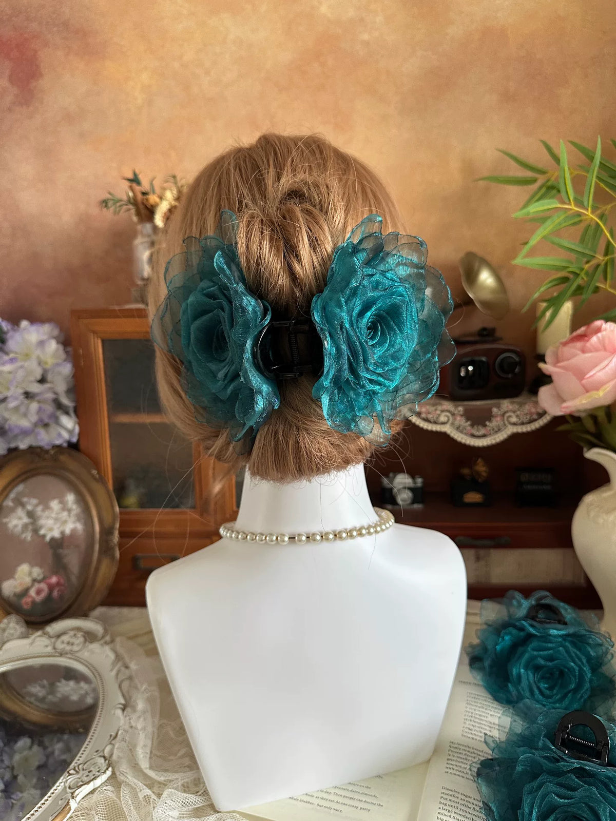 Peacock Blue Fabric Rose Hair Claw Clip
