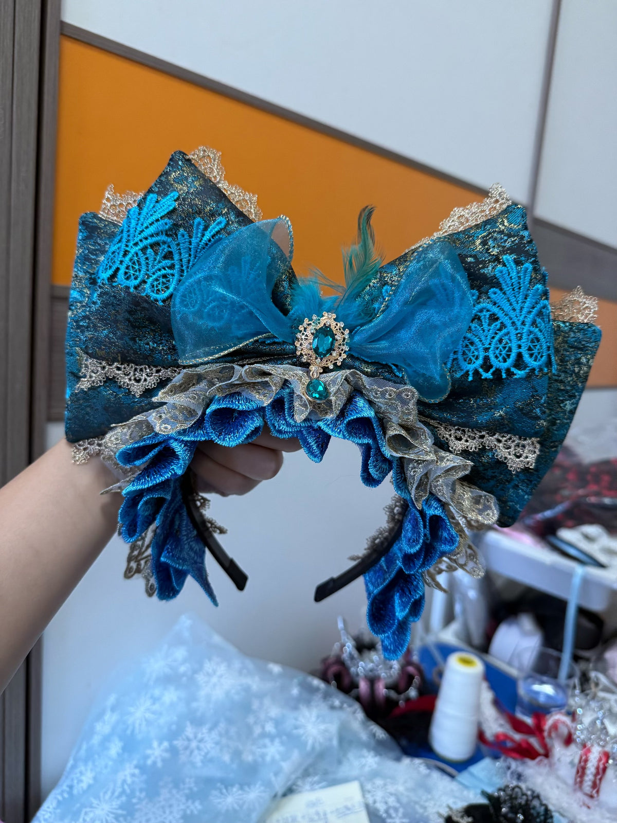 Peacock Feather KC Teal Velvet Headpiece