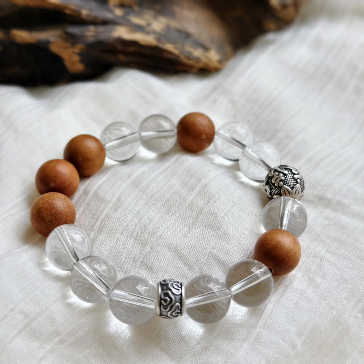 12mm Clear Crystal Sandalwood Beaded Bracelet