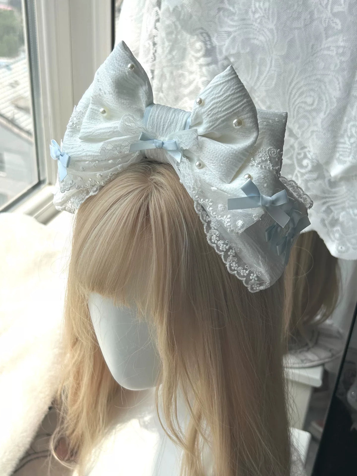 Diadema KC Lolita de encaje de tres capas azul y blanco