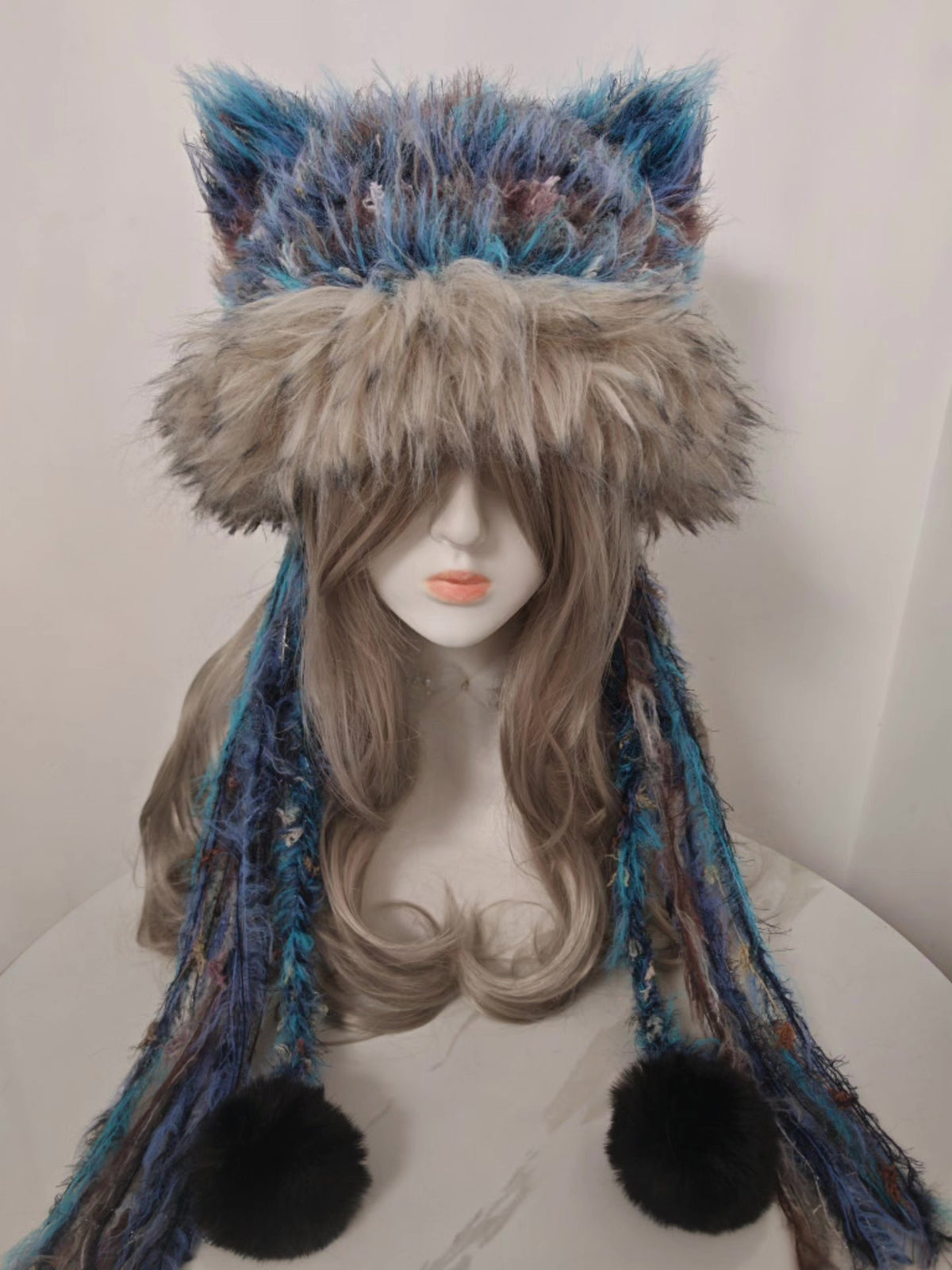 Peacock Blue Cat Ear Hat with Tassels