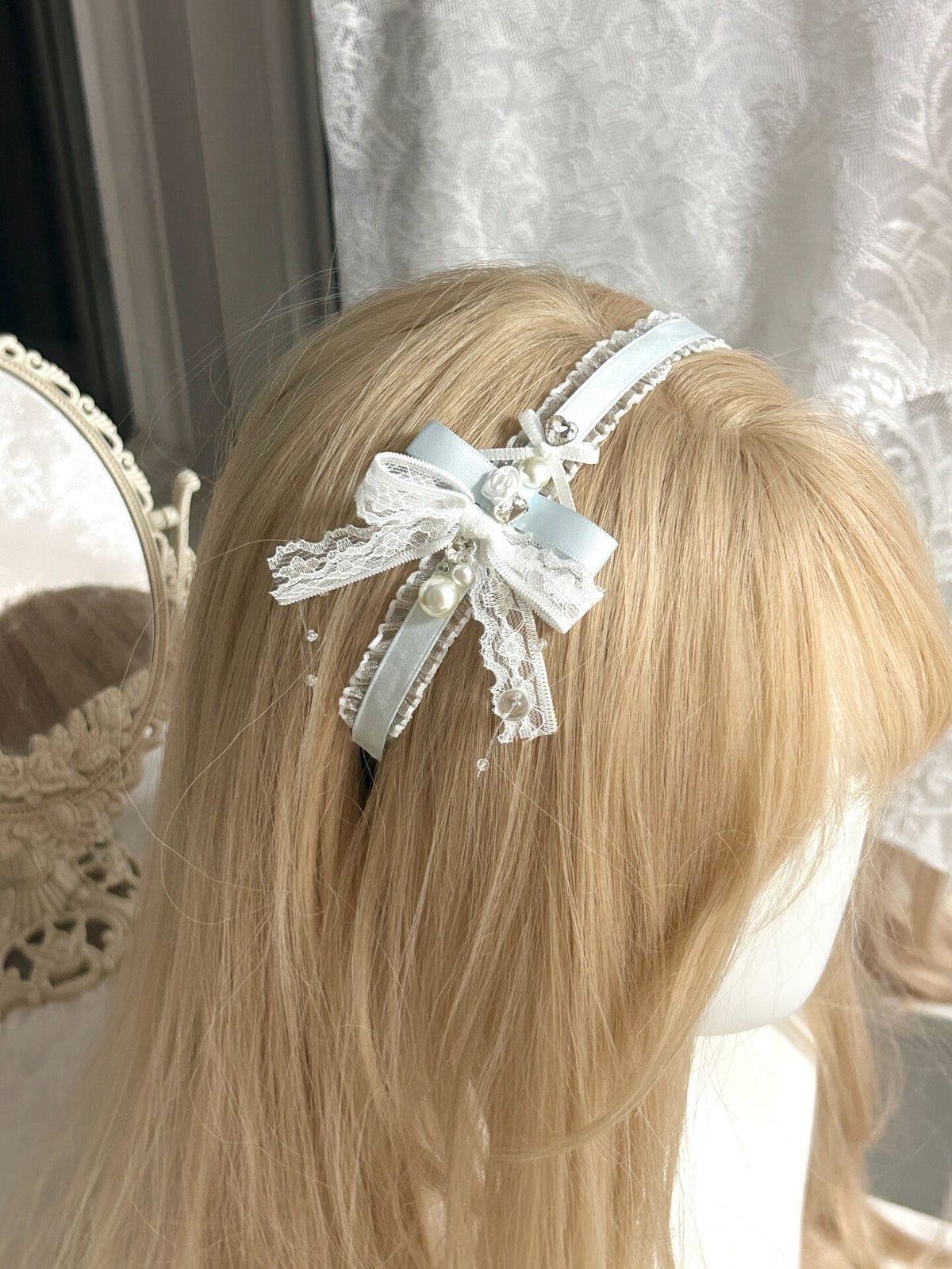 Handmade Light Blue Lace Bow Headband
