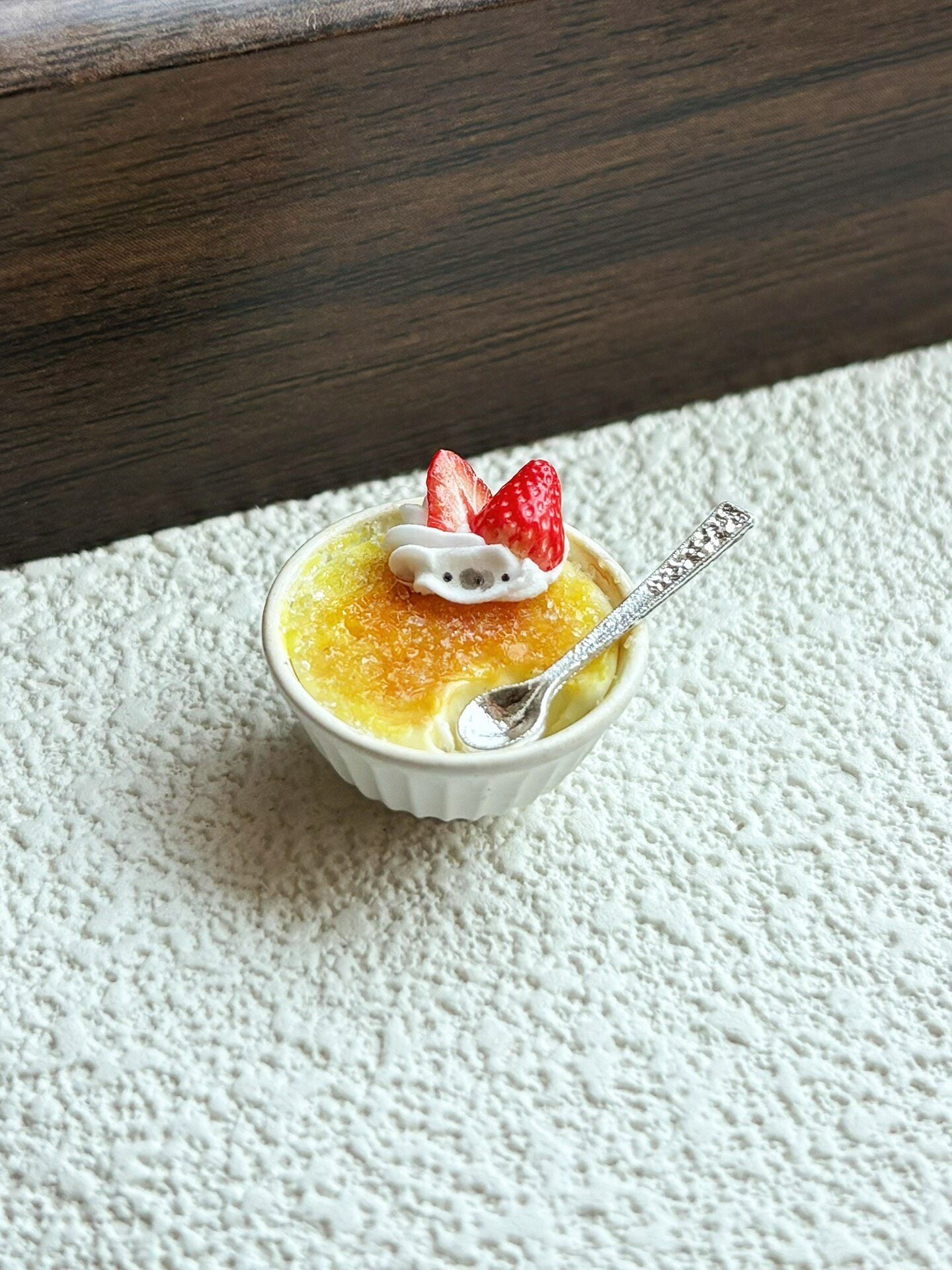 Miniature Caramel Custard with Whipped Cream and Strawberries