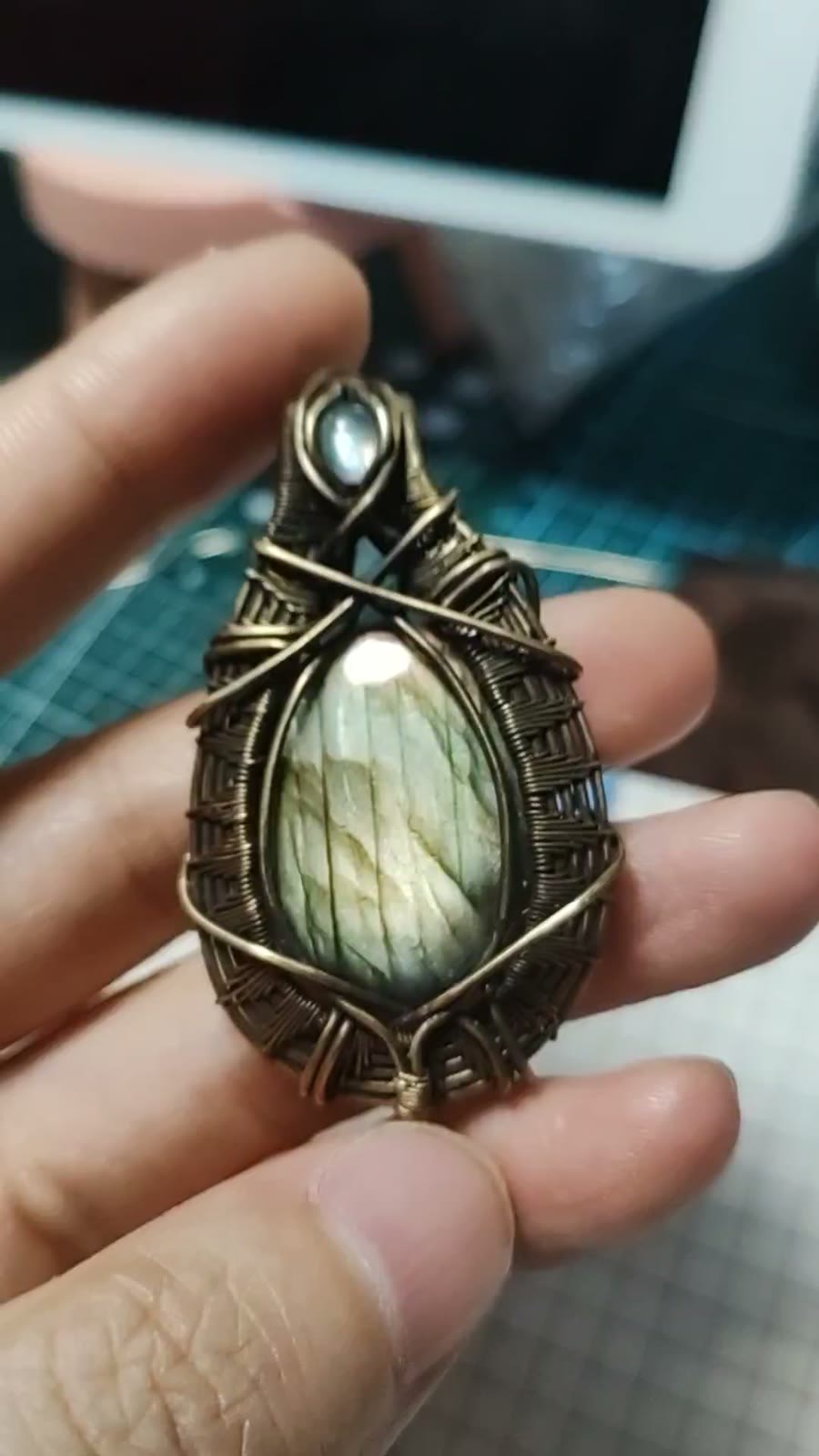 Antiqued Brass Wire Wrapped Golden Stone Pendant