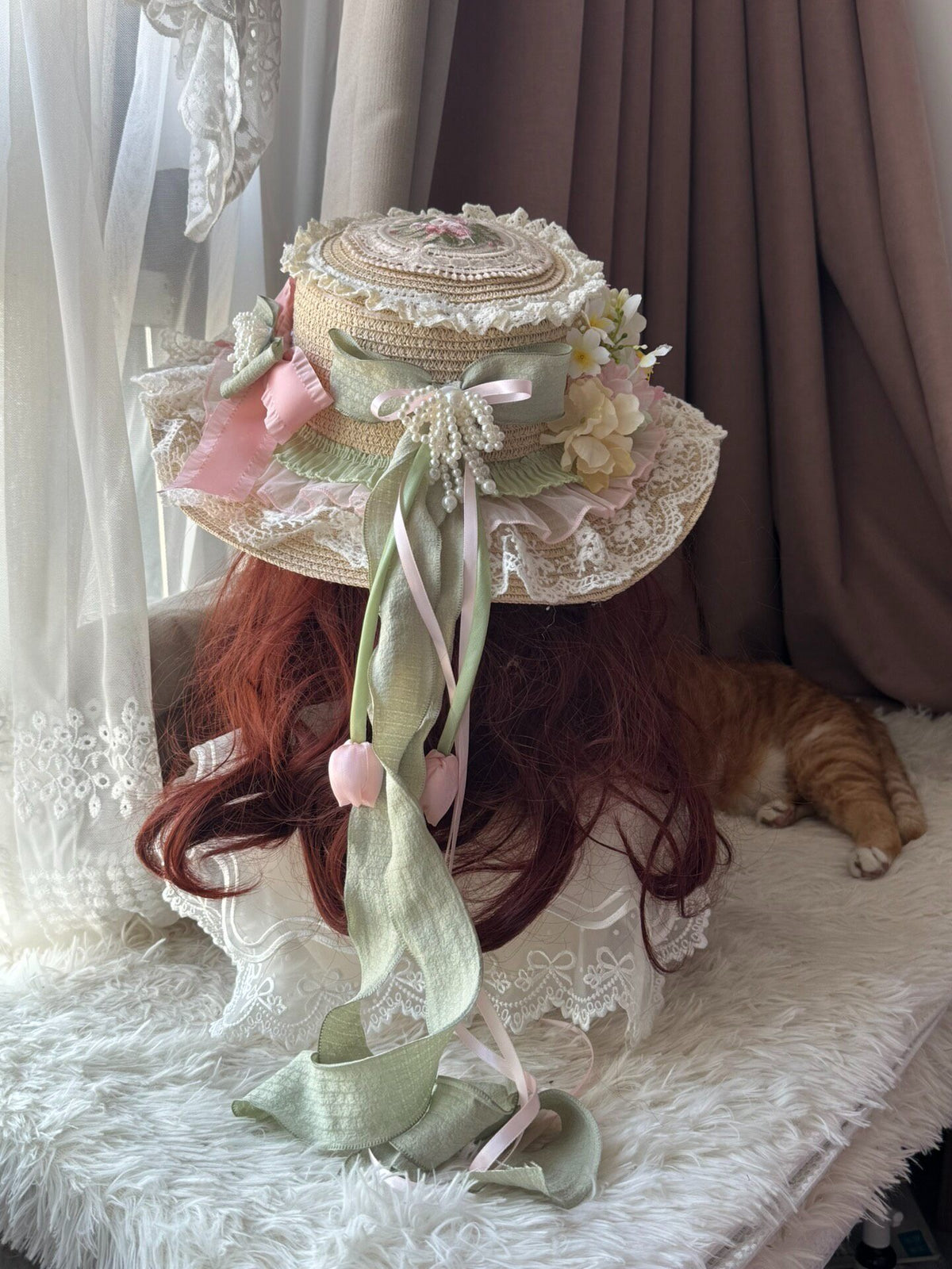 Lolita Straw Bonnet with Floral Lace Trim