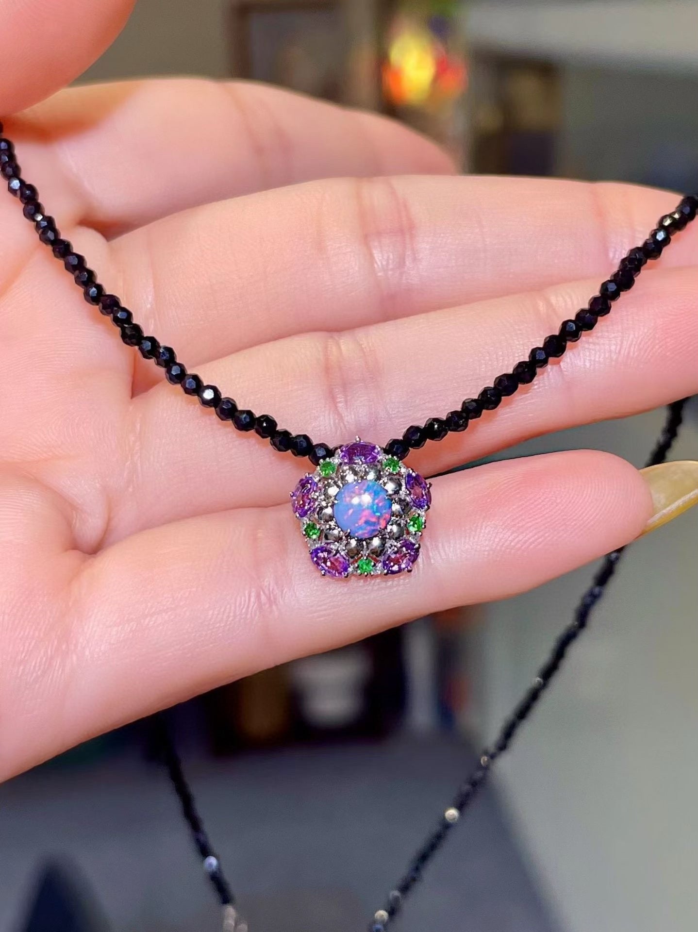 Platinum Pendant with Opal, Purple Sapphire, Tsavorite, and Diamond Halo on Black Spinel Bead Chain