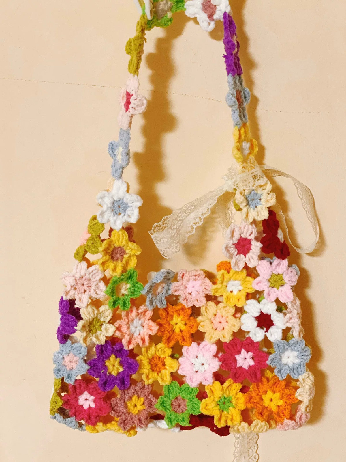 Hand Crocheted Multicolored Floral Yarn Shoulder Bag