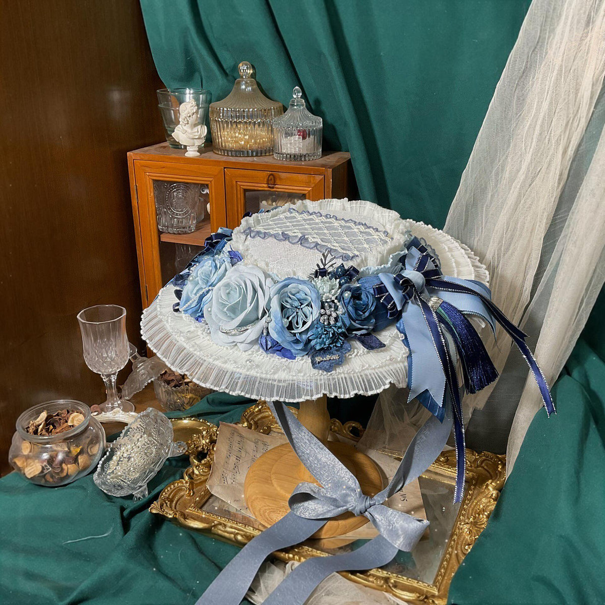 Lolita Flat Hat with Blue Floral Bow