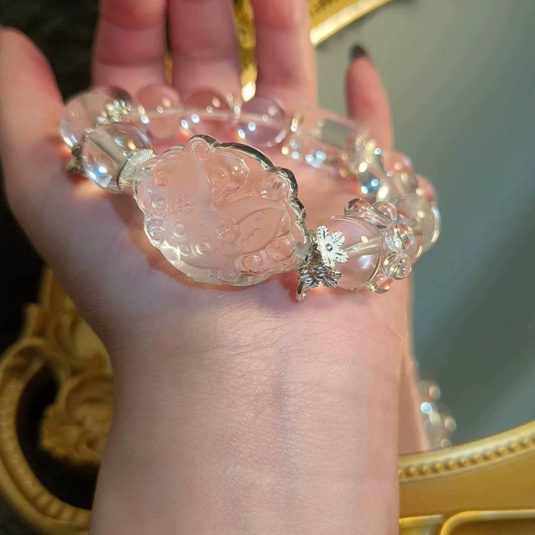 Bracciale in quarzo ialino naturale e argento sterling con volpe