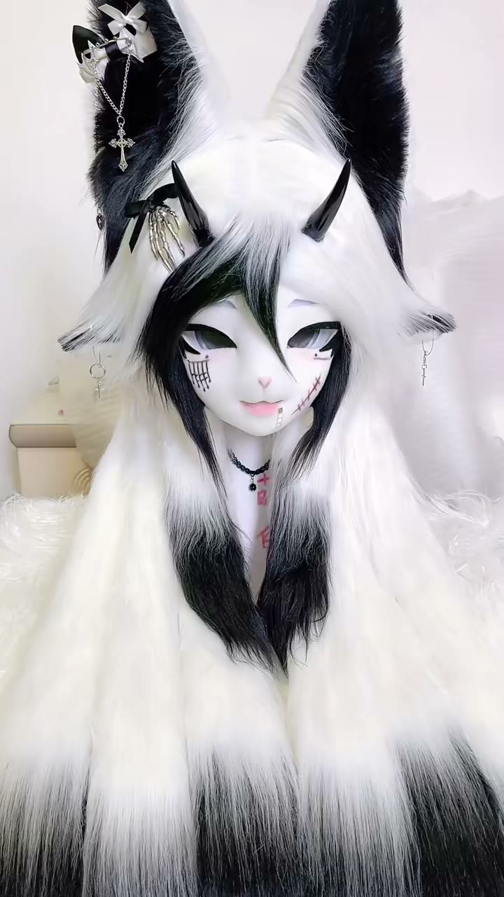 Furry Beast Head Cowl Zwart-wit Vacht