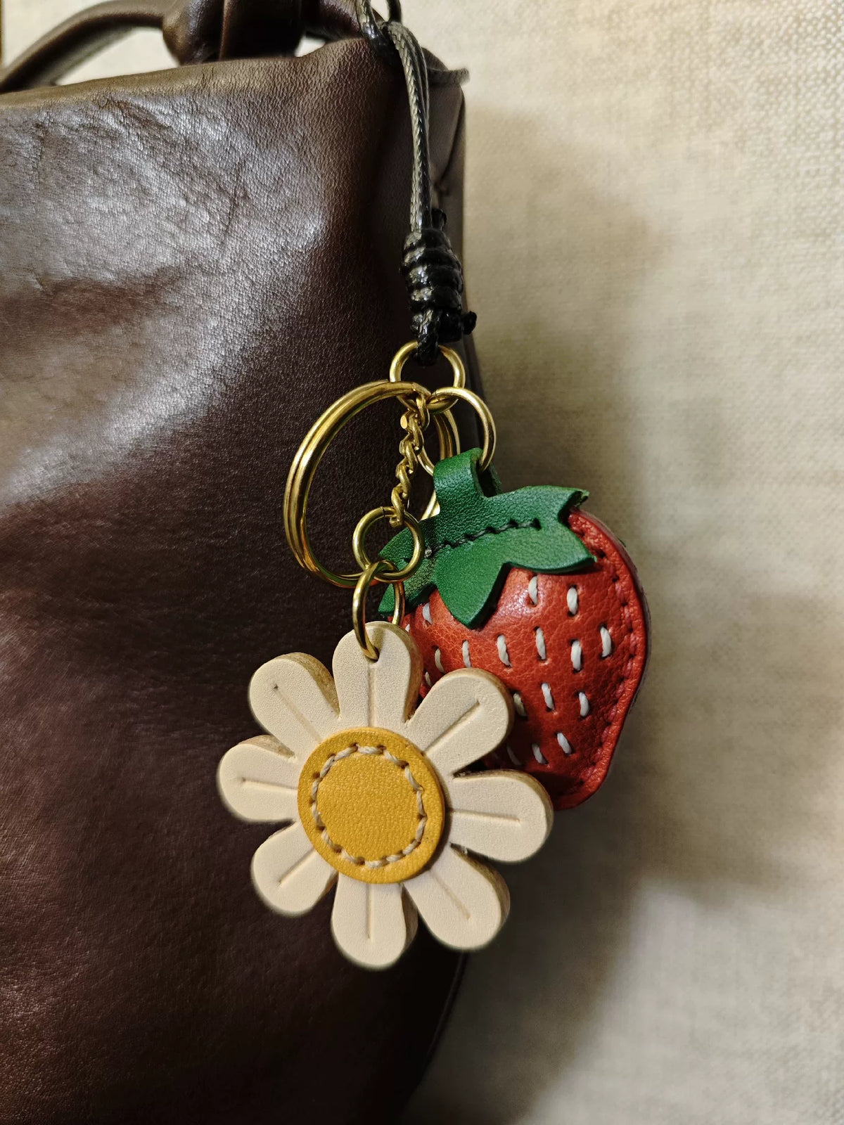 Handmade Strawberry Daisy Leather Bag Charm Keyring