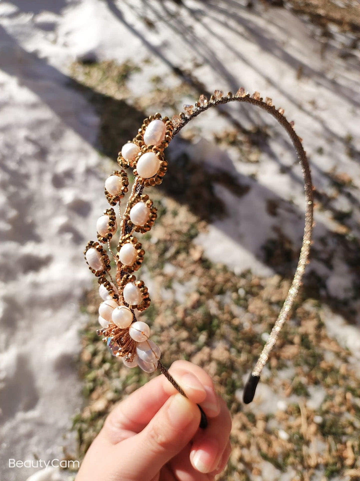 Pearl Leaf Headband with Rose Gold Wire