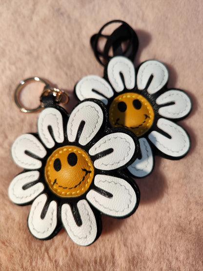 Leather Sunflower Smiley Face Keychain with Metal Ring