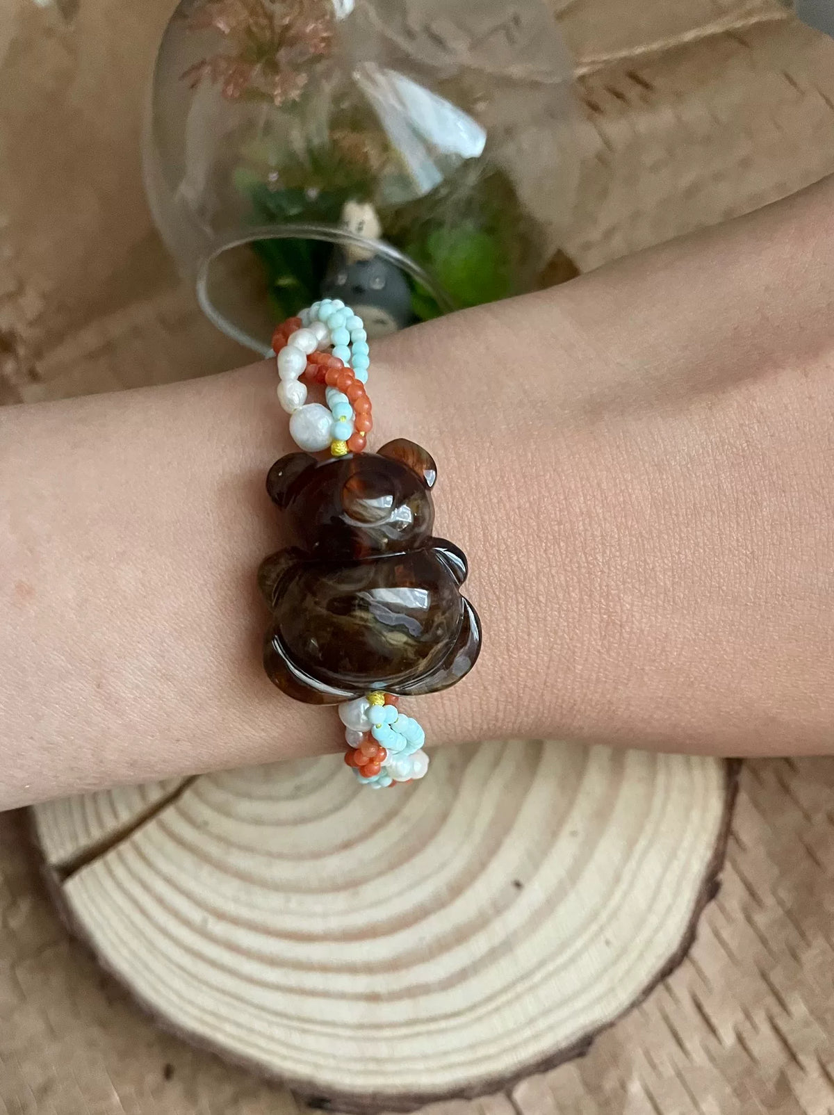 Honey Amber Bear Beaded Bracelet