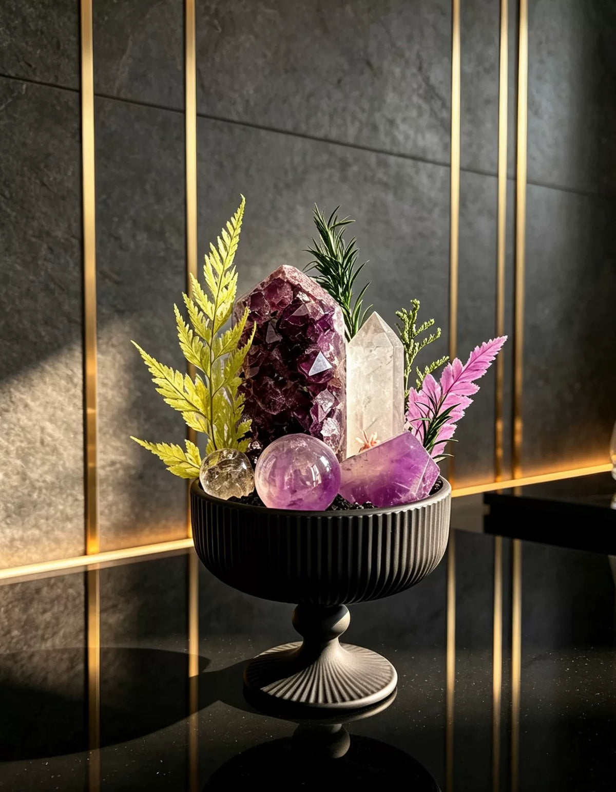 Bonsai en cristal d'améthyste et bol de céramique noire