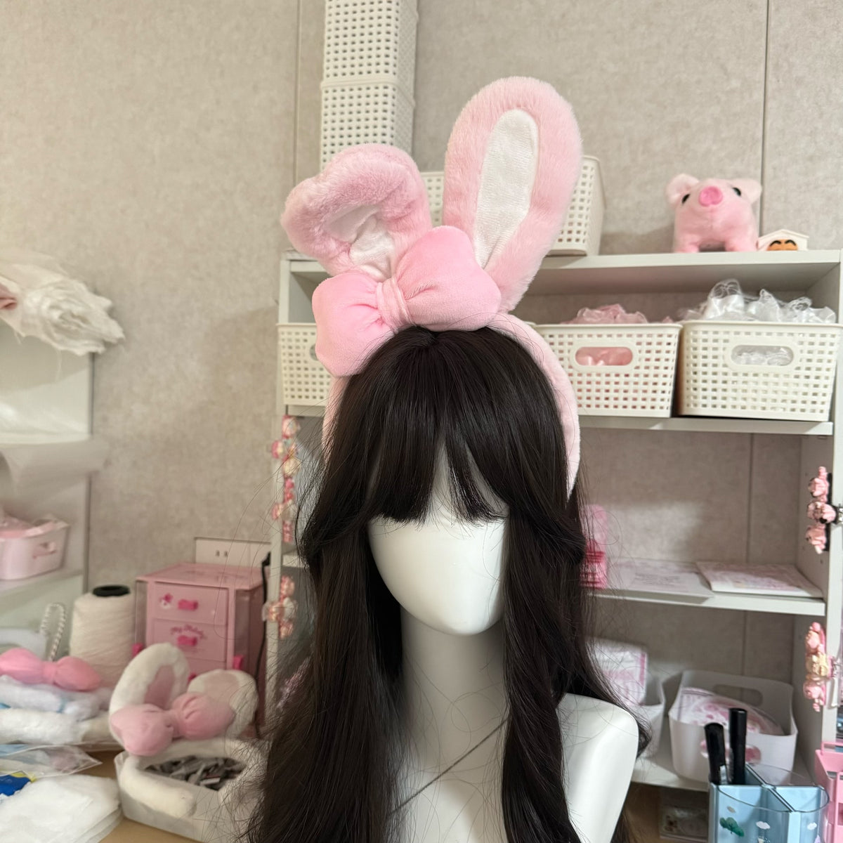 Pink Plush Bunny Ear Headband with Bow